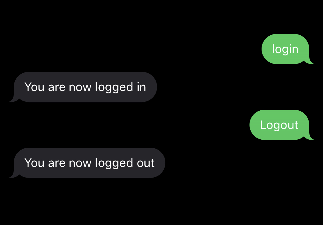 SMS conversation showing how to log in and log out